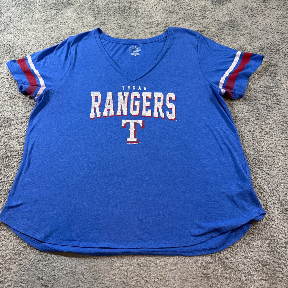 5th & Ocean Womens Texas Rangers MLB V-Neck Graphic T-Shirt XXL Blue Tee